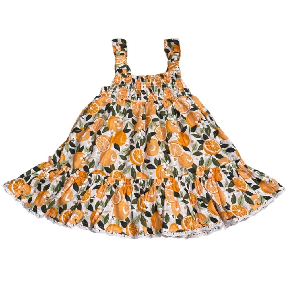 NEW SINCERELY JULES Eyelet Orange Citrus Print Smocked Tiered Dress Toddler 18M - Picture 4 of 11